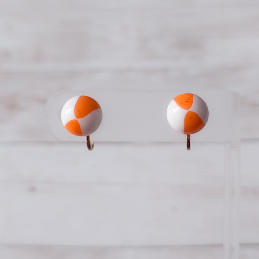 Vintage Screw On Earrings Retro Orange & White Beach Ball Like